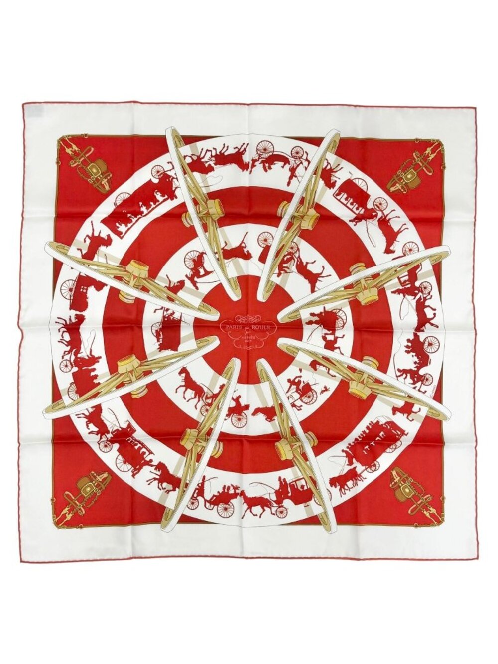Hermes Paris Qui Roule on Wheels Silk 100% Carre 70 Scarf Red White